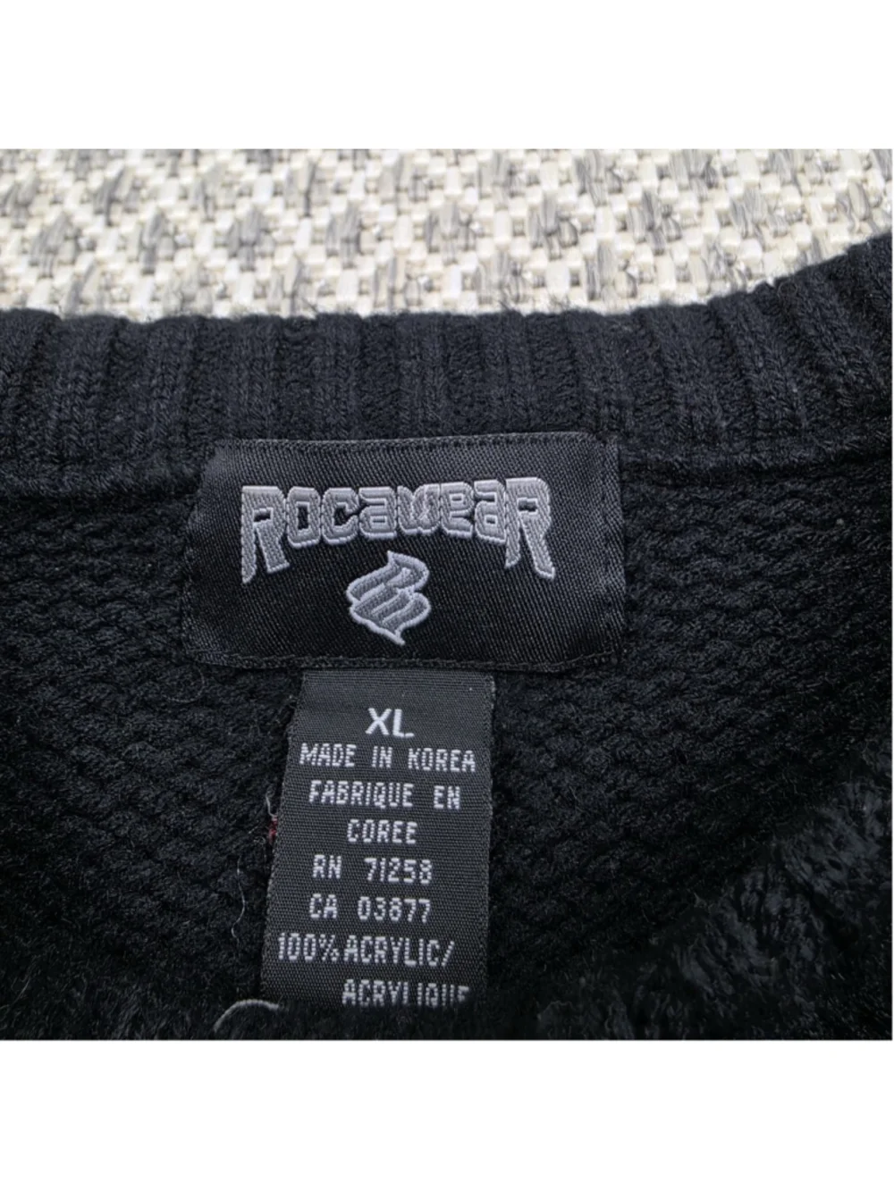 Rocawear Striped Knit Sweater XL Black Gray Red Embroidered Logo Y2K Hip Hop